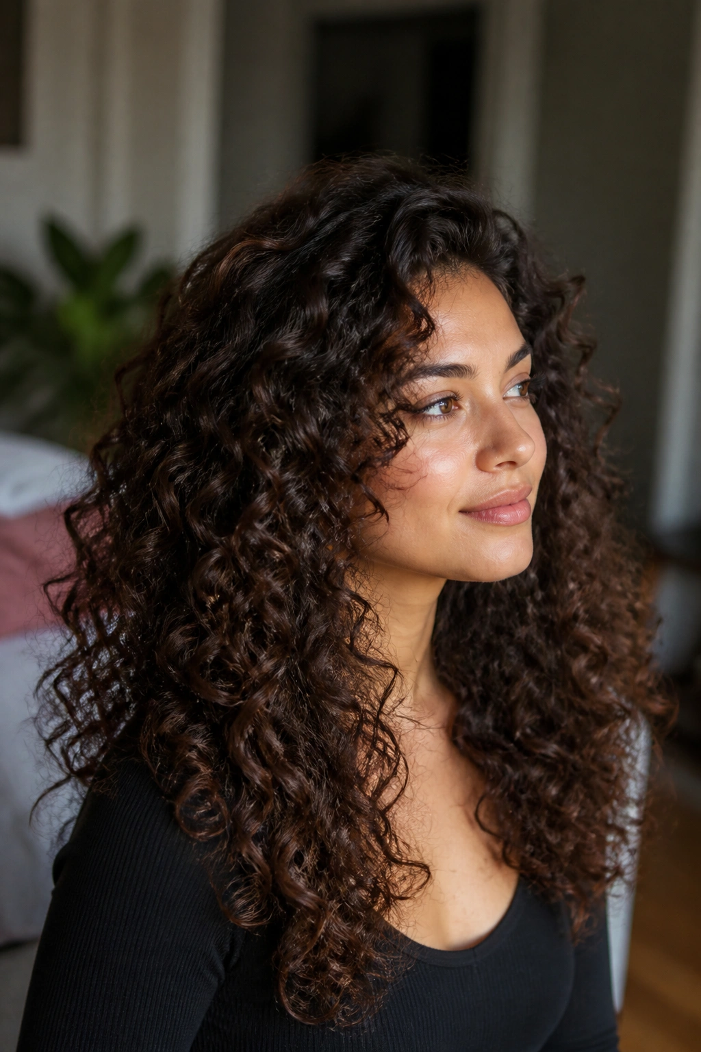 Close-up portrait of a woman with thick curly hair showing interior layers and volume.