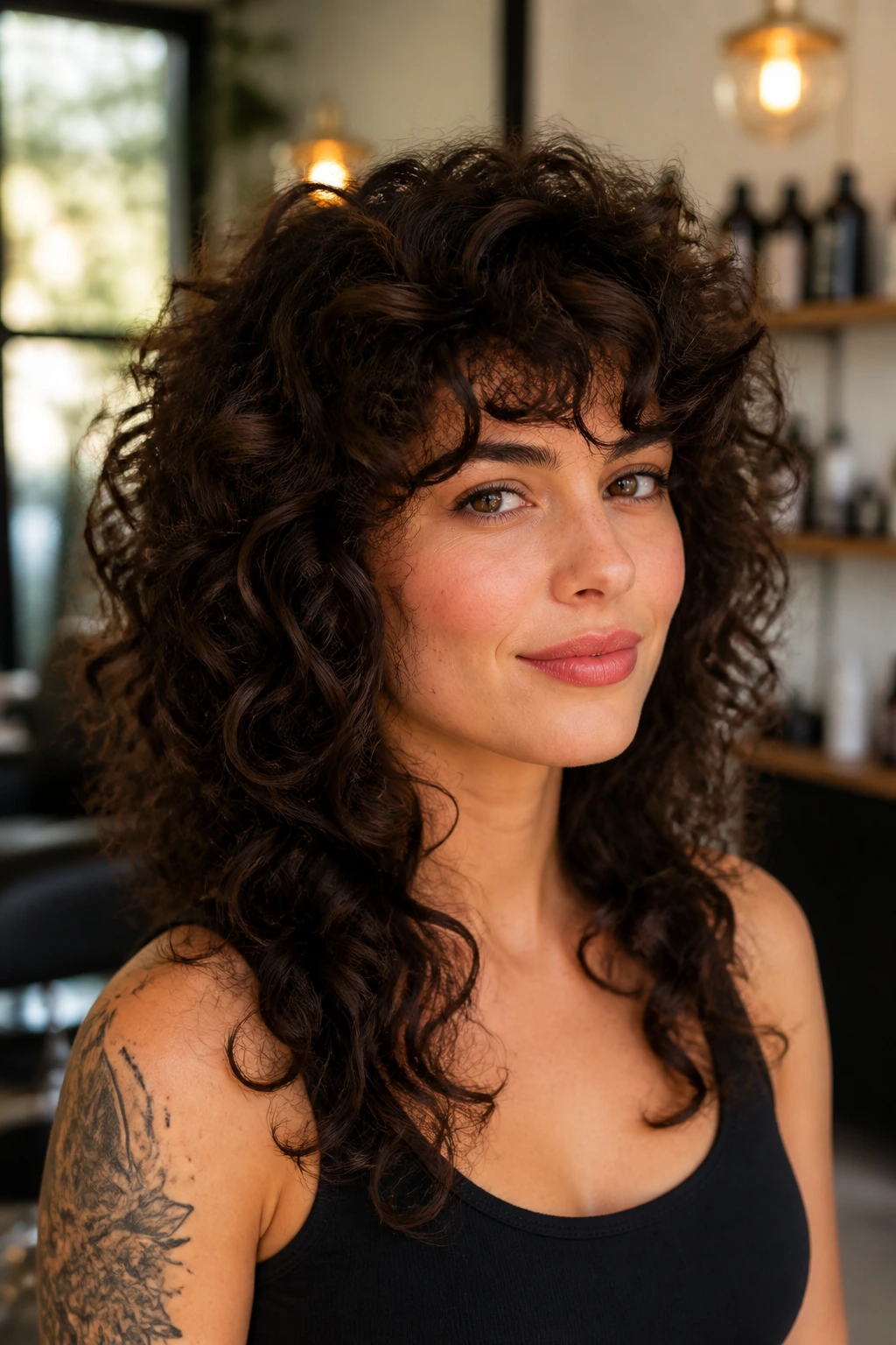 Close-up of a real person with a high-volume curly wolf cut for thick hair in a salon