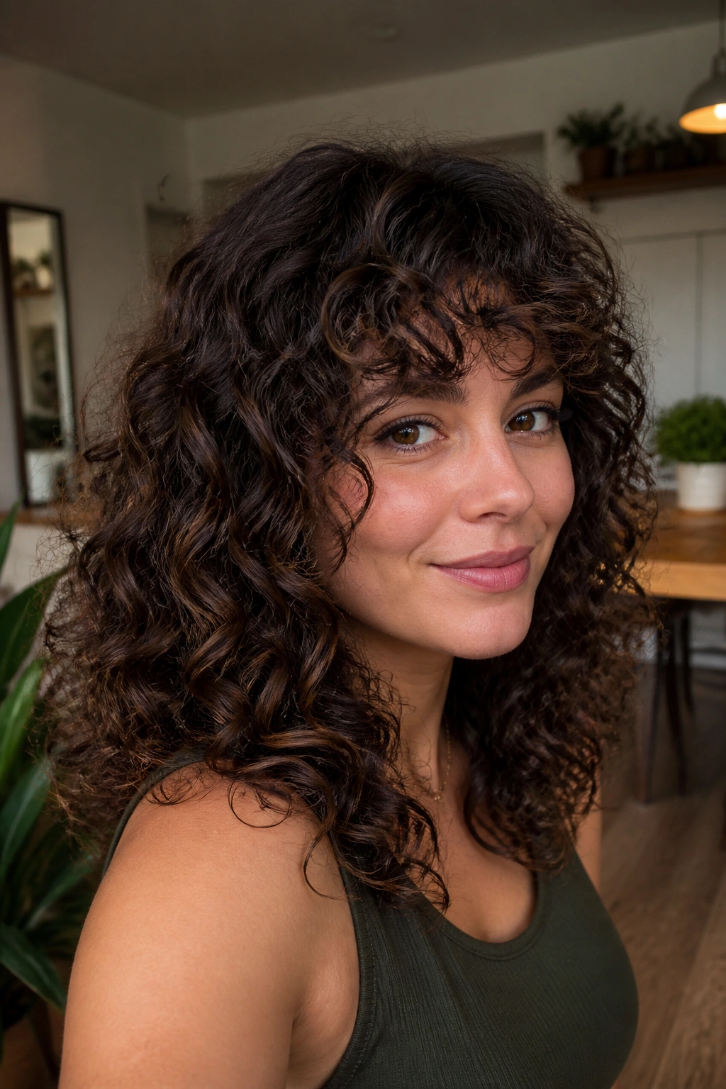 Real woman with thick curly wolf shag removing bulk via interior layers.