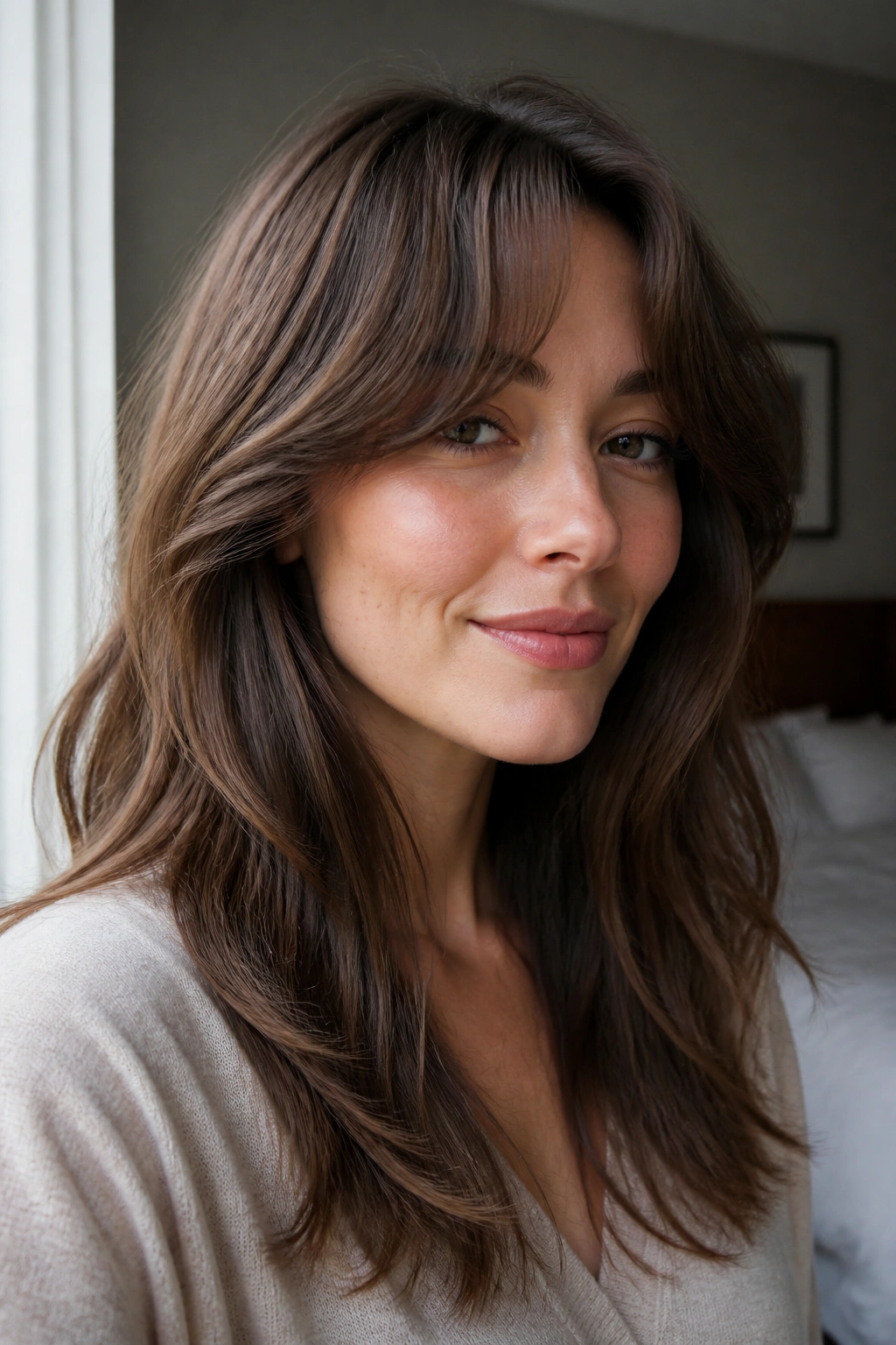 Close-up portrait of a real woman with thick draped curtain bangs in a warm window-lit bedroom