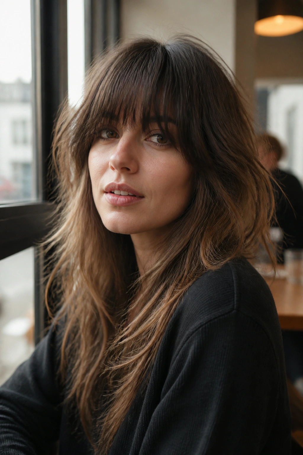 Close-up portrait of a real woman with long shag and thick fringe