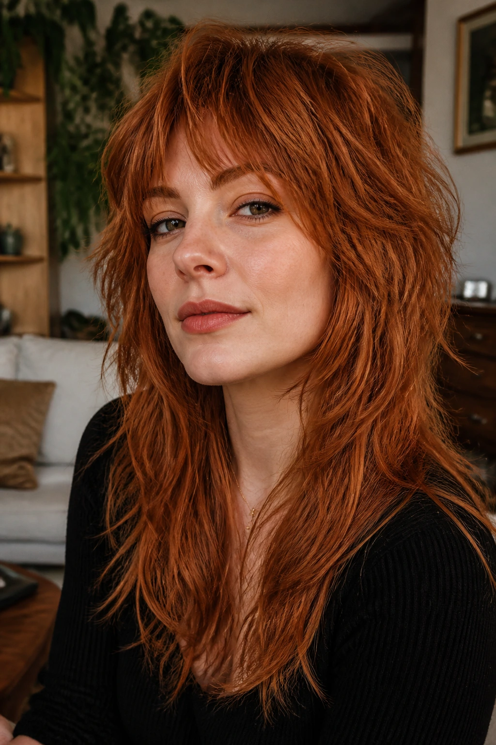 Close-up portrait of a real person with thick hair ginger wolf cut in a cozy room