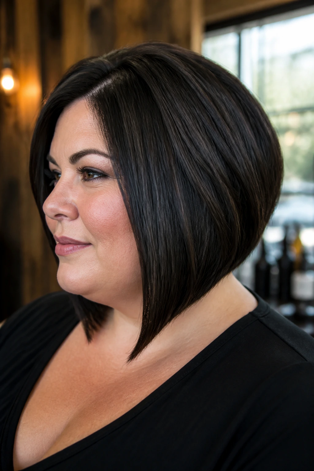 Close-up portrait of a real woman with a thick angled bob showing internal layering