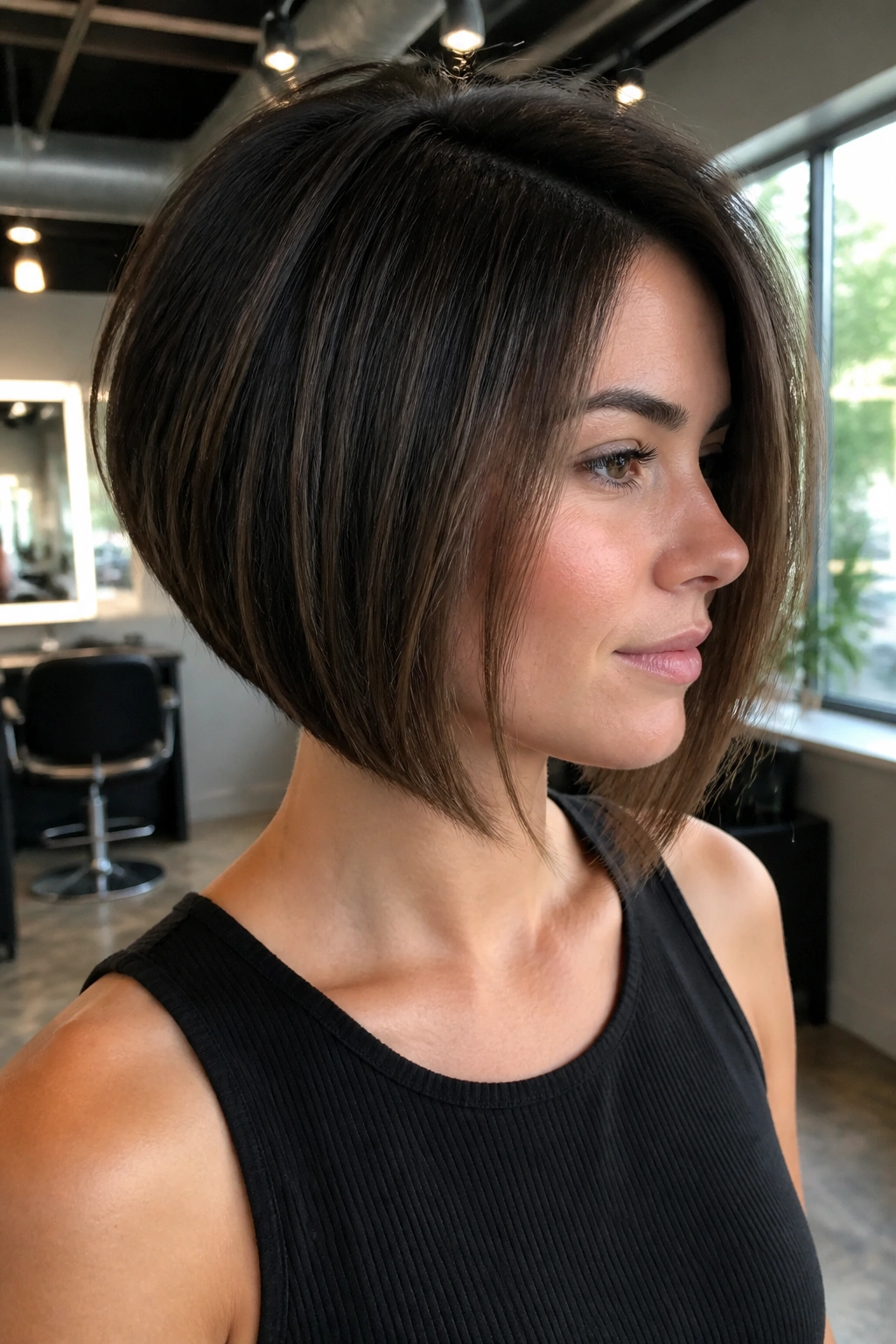 Close-up portrait of a real woman with thick angled bob showing crisp front and strong nape under warm window light