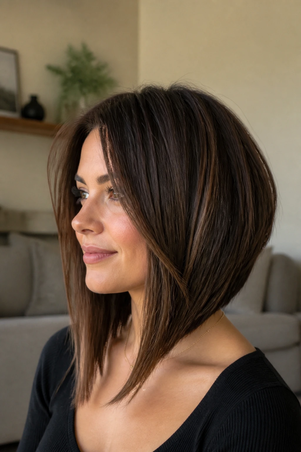 Close-up of a real woman with thick hair long angled lob hairstyle in a cozy living room