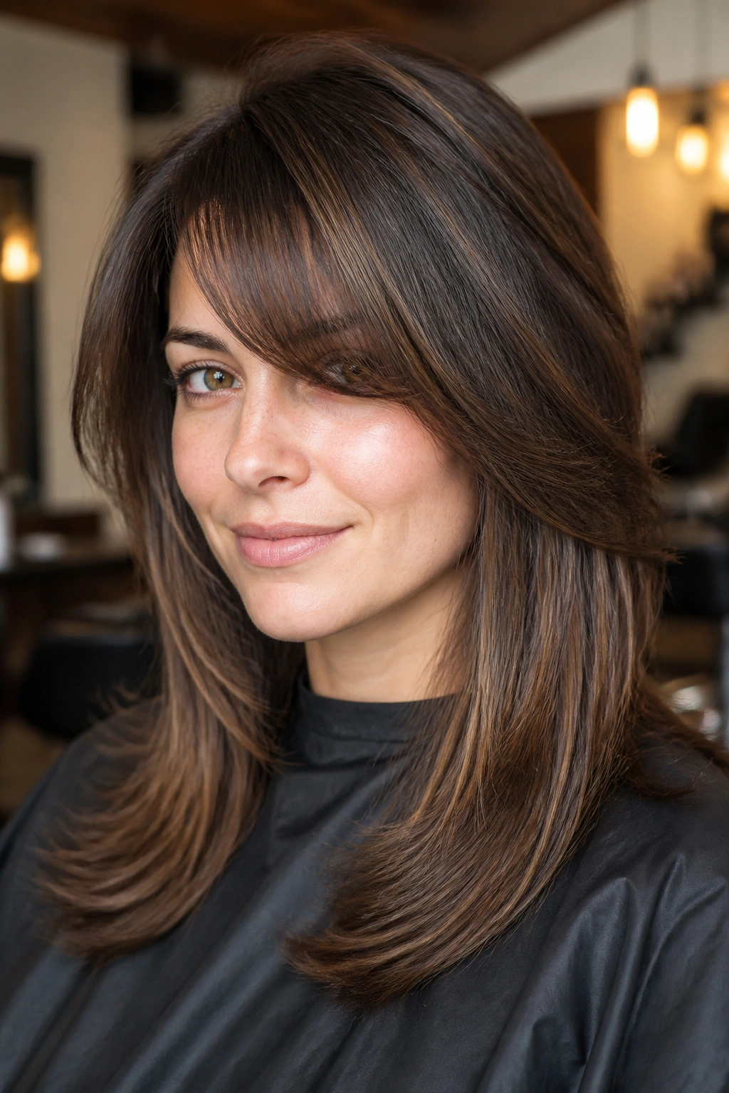Real person with thick bangs softened by bulk removal in a salon setting.
