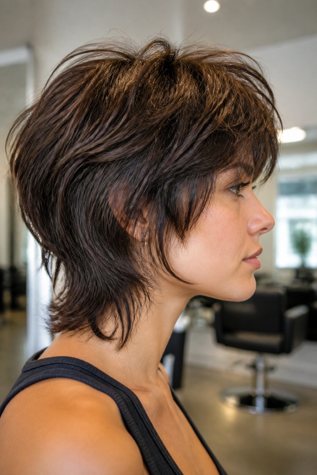 Close-up of a real person with Thick-Hair Bixie Wolf Cut showing debulking