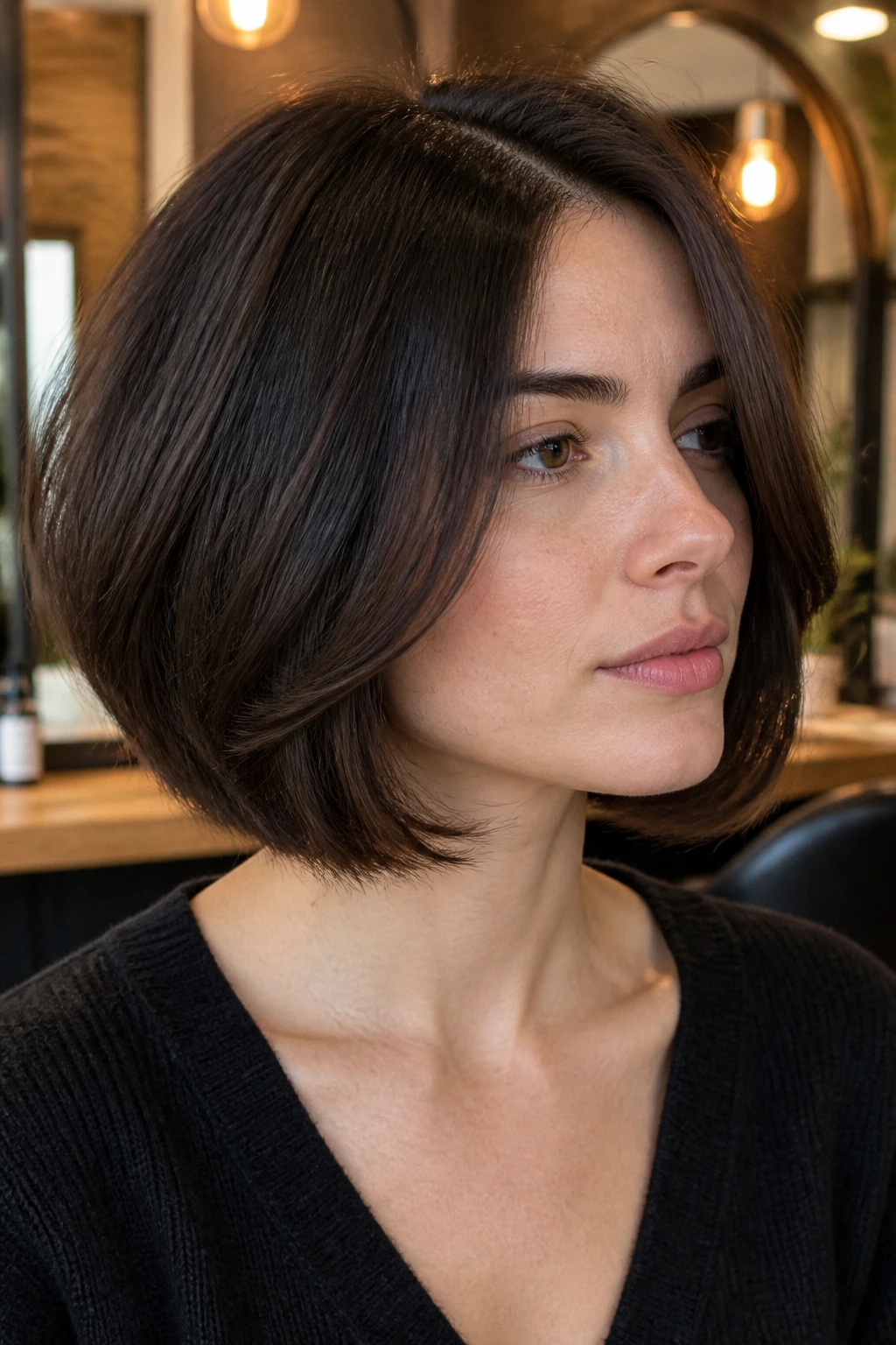 Close-up portrait of a real person with thick Italian bob featuring internal debulking in a warm salon setting.