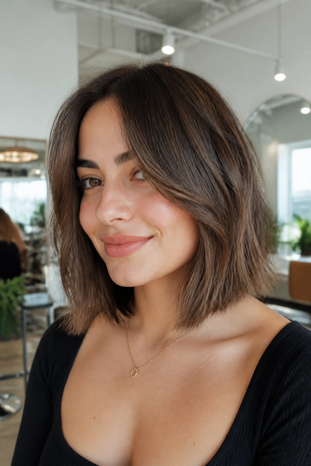 Portrait of a woman with weight-removed thick hair bob and curtain bangs in a modern setting.
