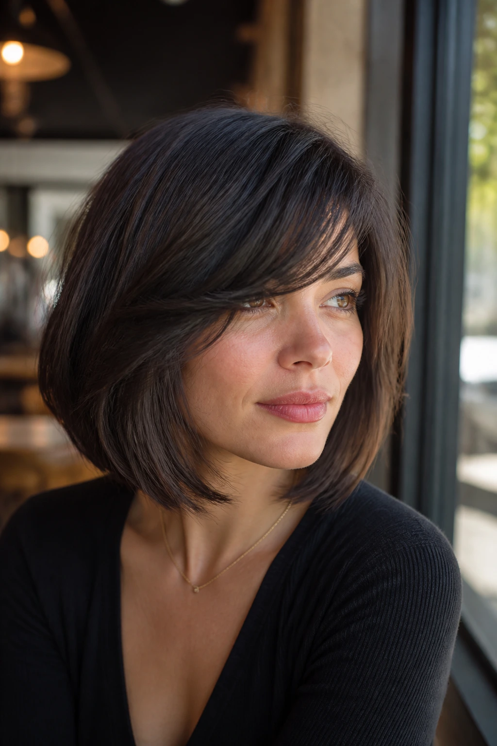 Real woman with thick hair and side bangs portrait near cafe window
