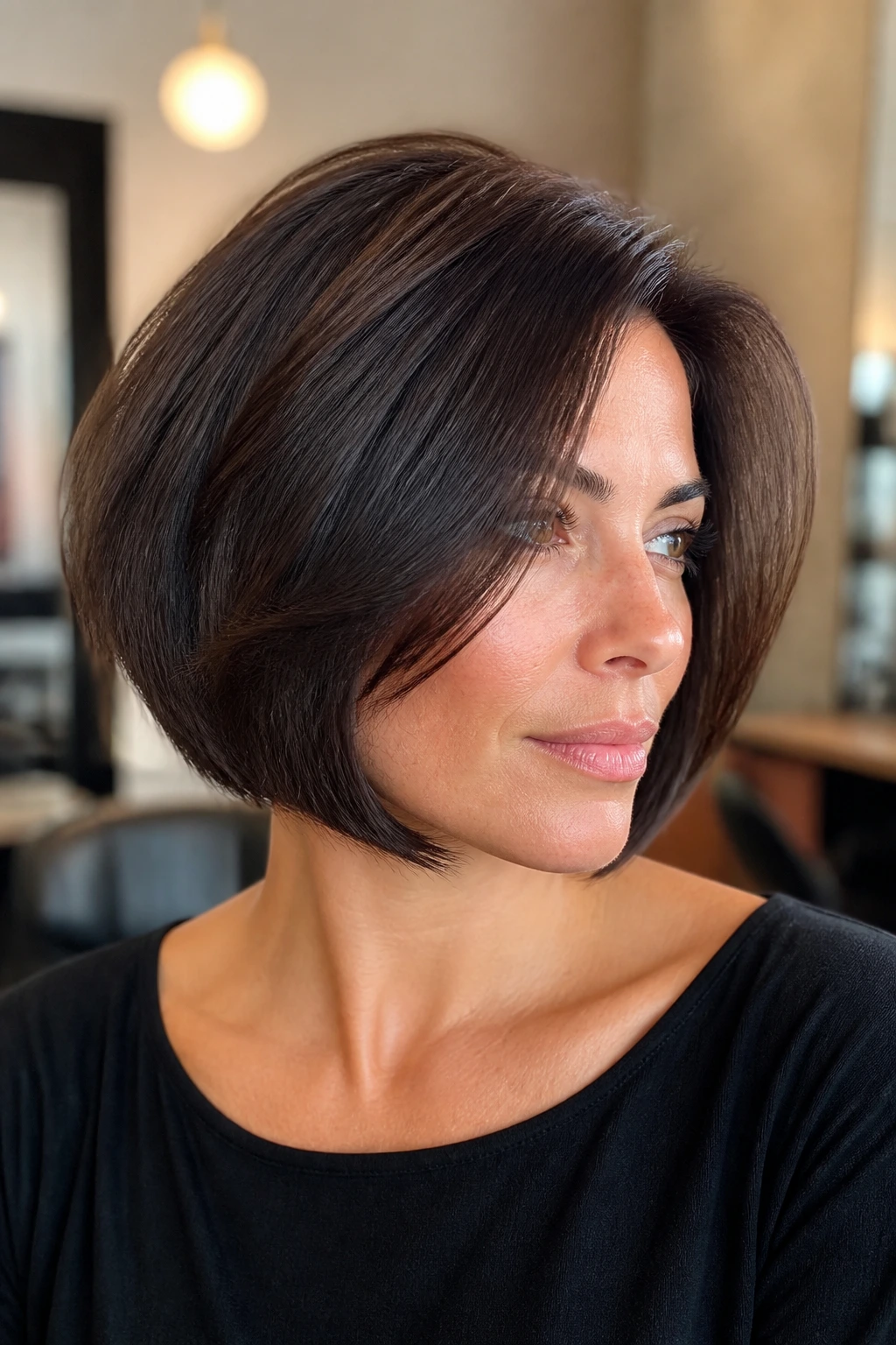 Close-up portrait of a woman with a thick bob showing internal weight removal for a closer head-hugging shape