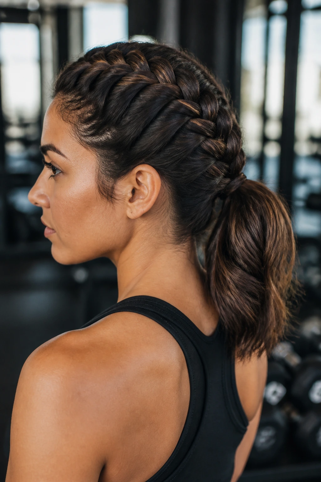 Close-up of a real woman with thick hair and French Braid Ponytail in gym