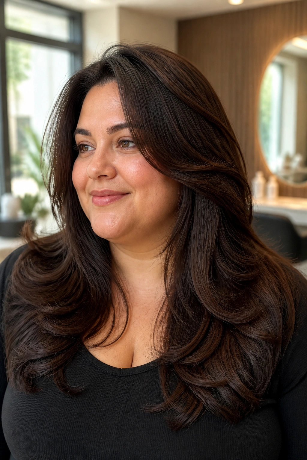 Medium close-up of a plus-size woman with thick butterfly cut showing internal weight removal