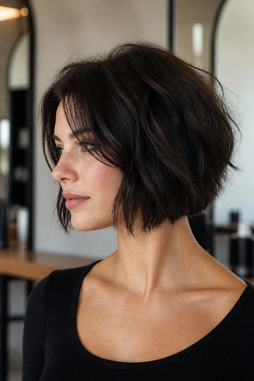 Portrait of a real person with a thick choppy bob and hidden weight removal