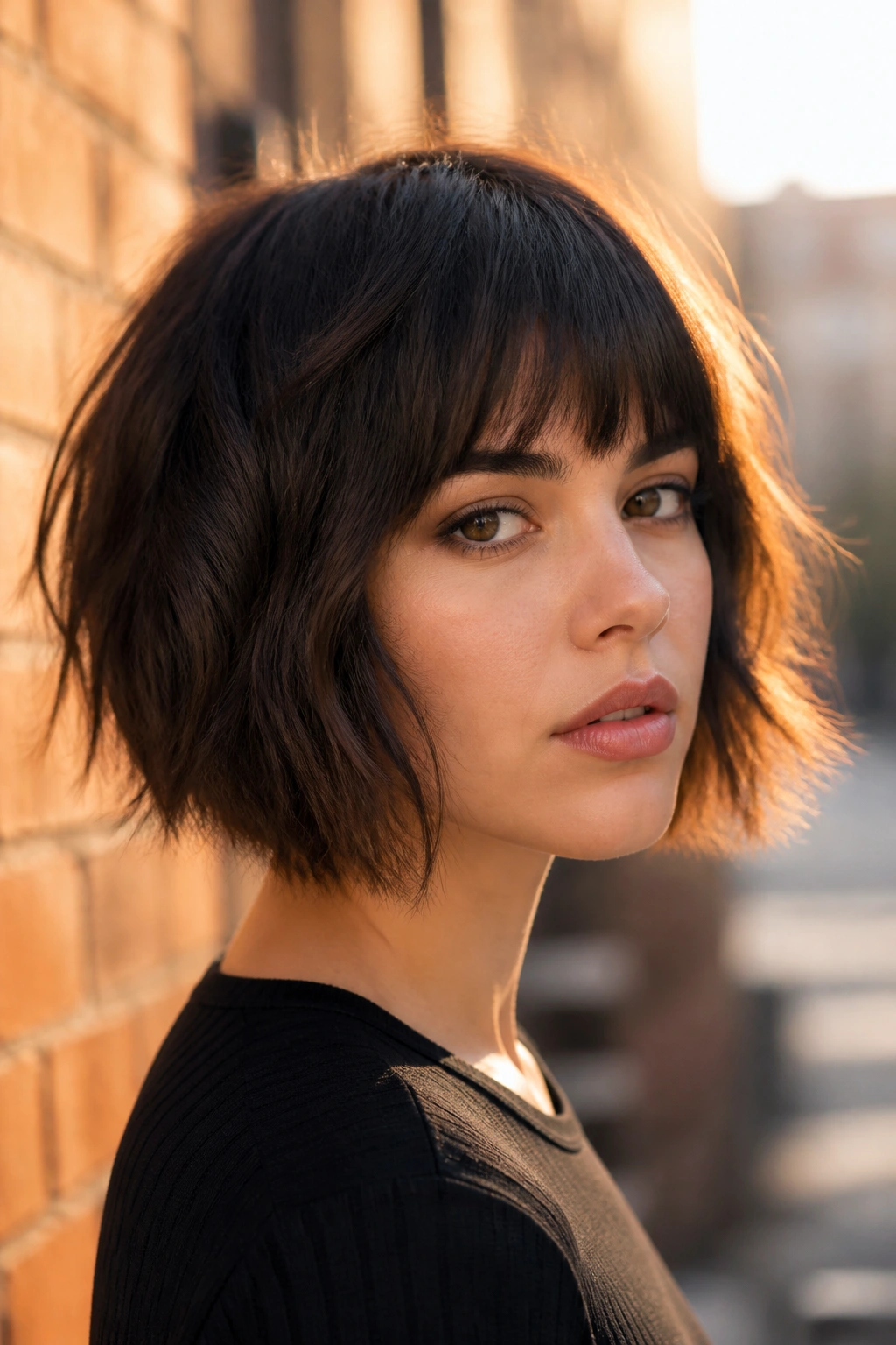 Portrait of a person with a thick-hair choppy bob and weight-removed layers
