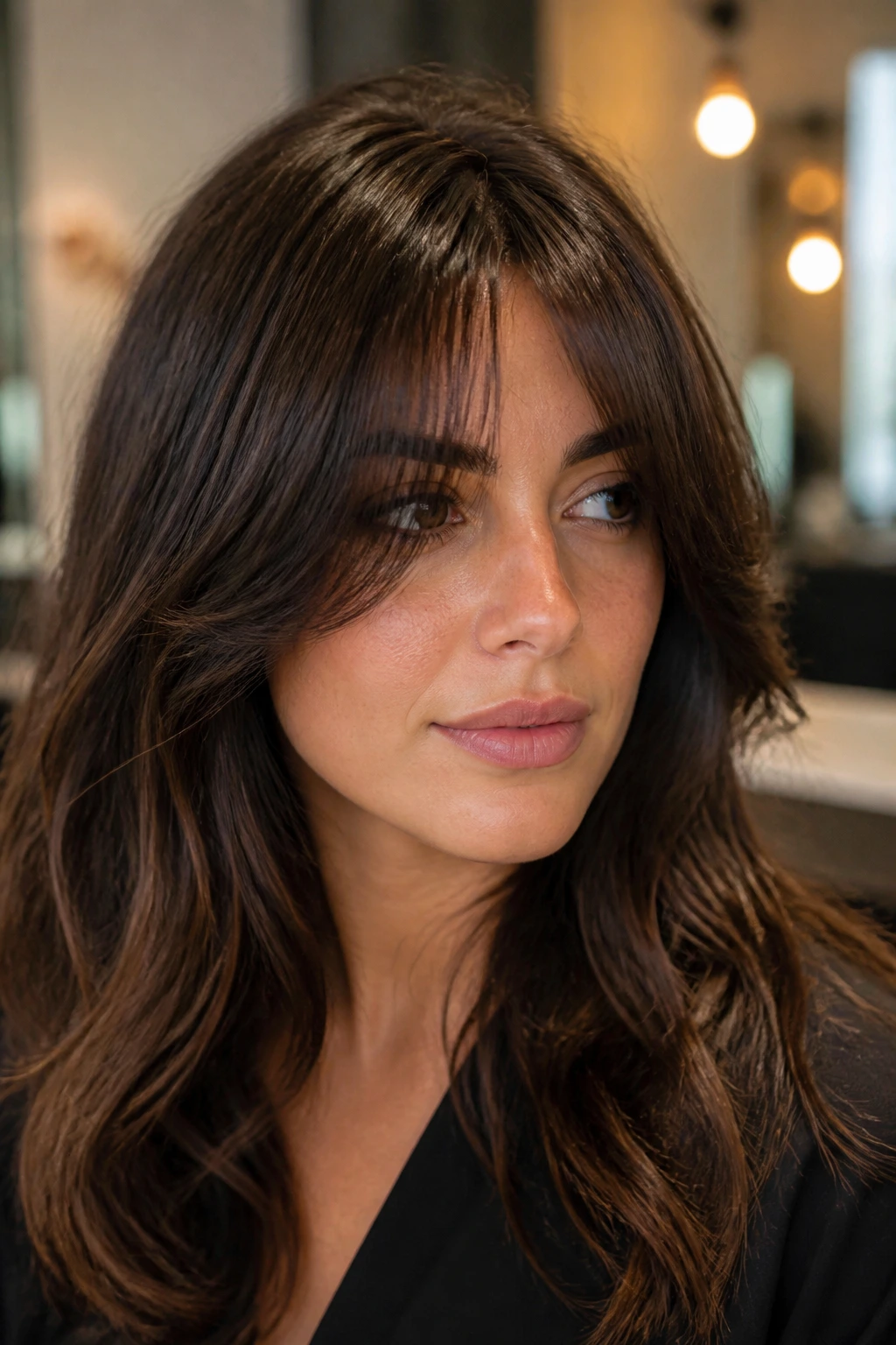 Close-up portrait of a real woman with thick-hair curtain bangs