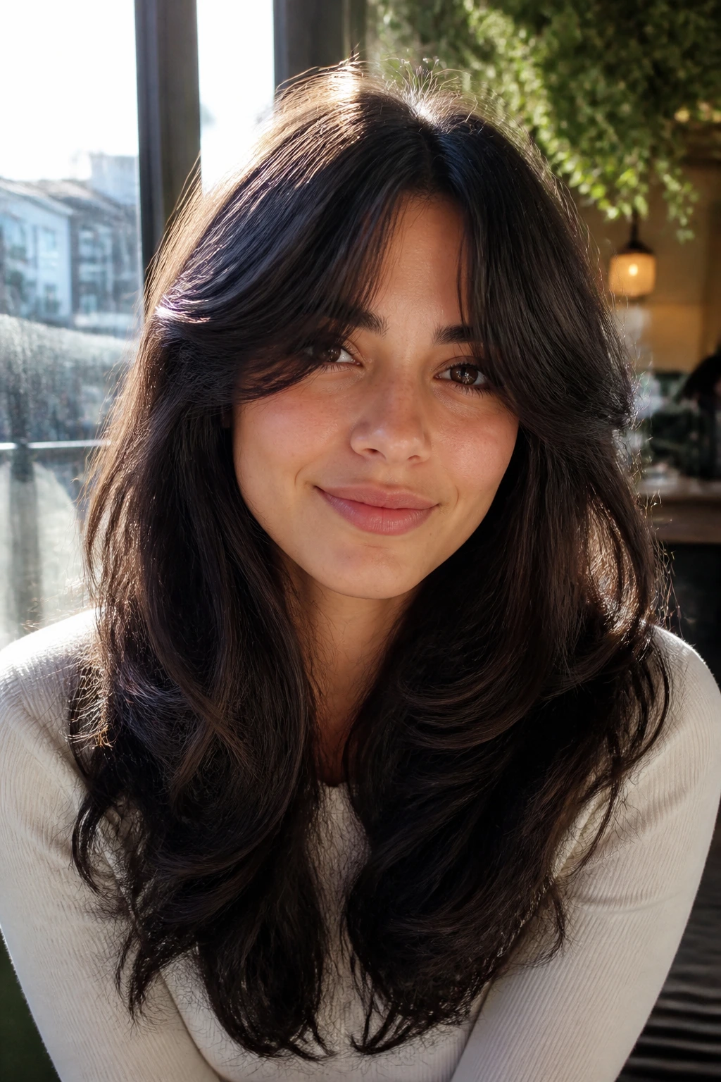 Close-up of a real person with thick curtain bangs and thick hair