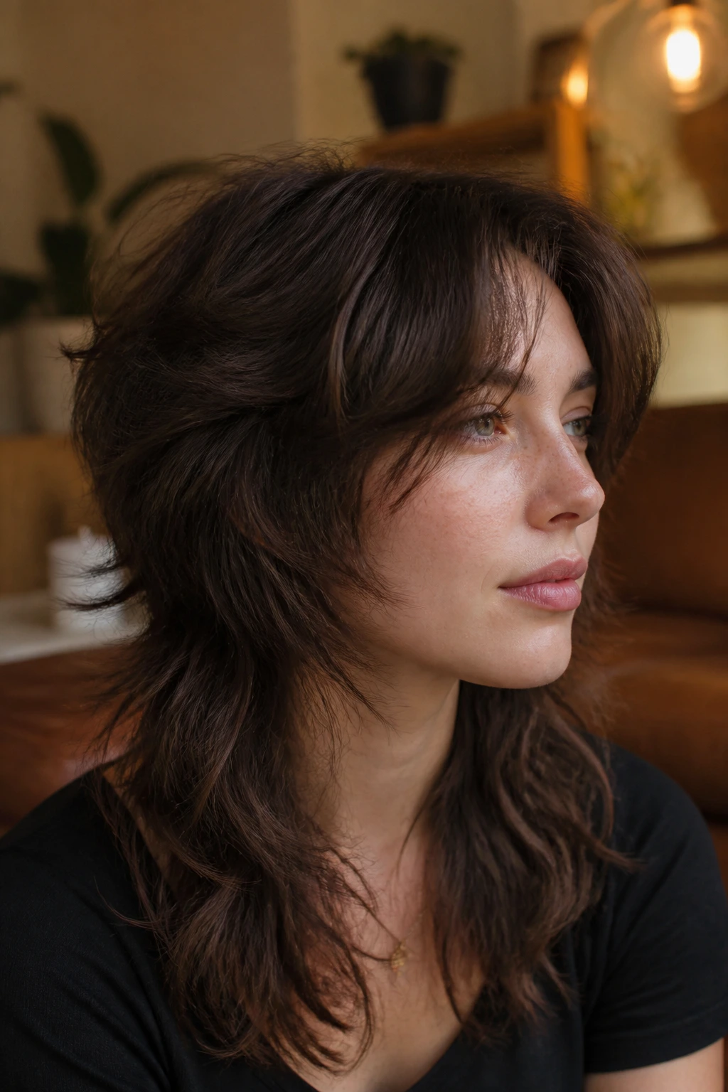 Close-up of a real person with a thick-hair wolf cut and debulked sides, front pieces lighter, in a cozy interior.
