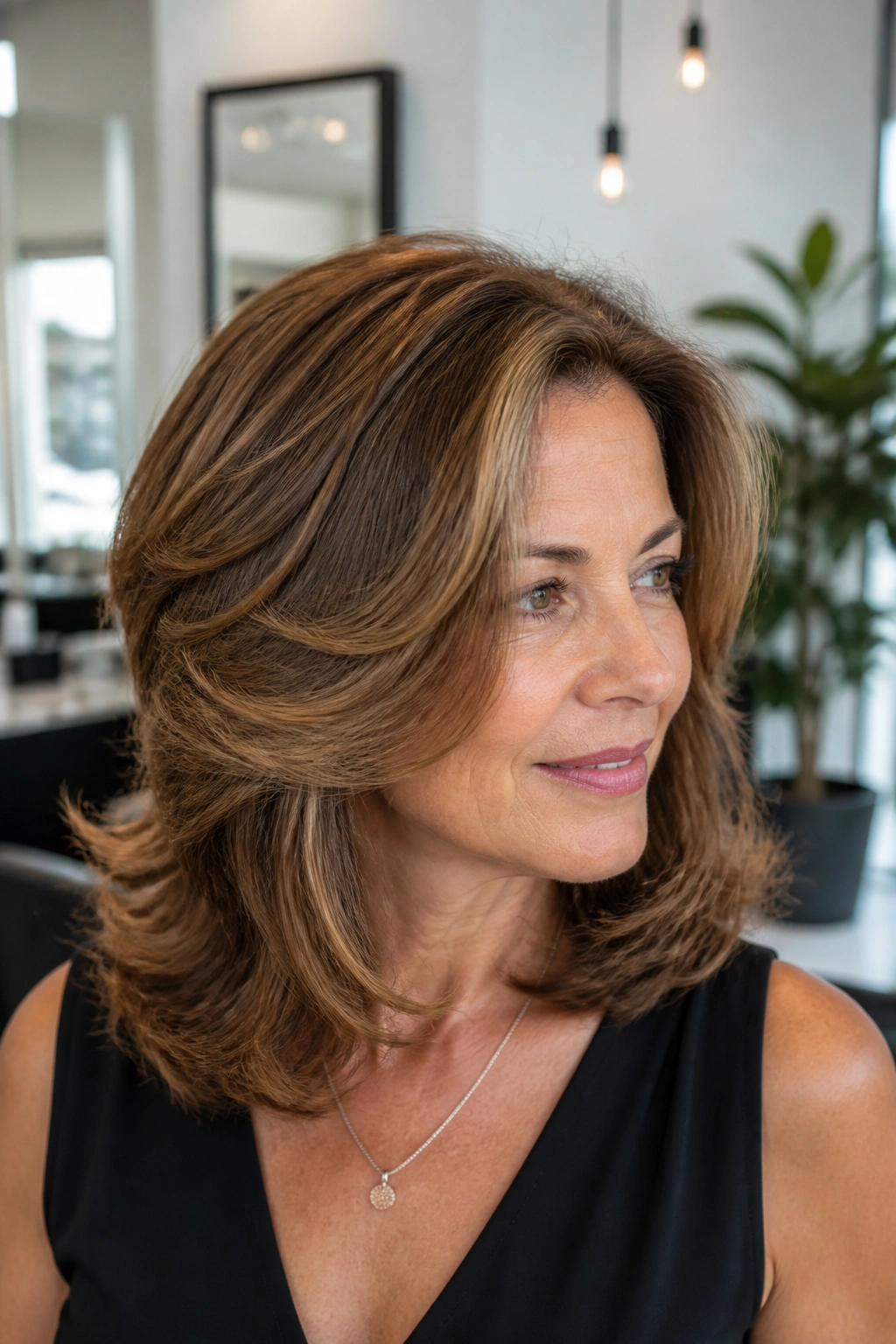 Close-up portrait of a real woman with thick-hair debulking layers