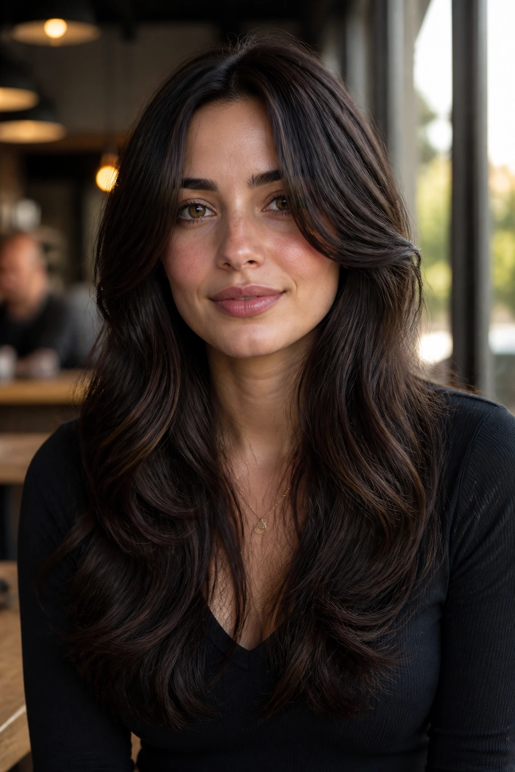 Close-up of a real person with thick hair and balanced frame layers