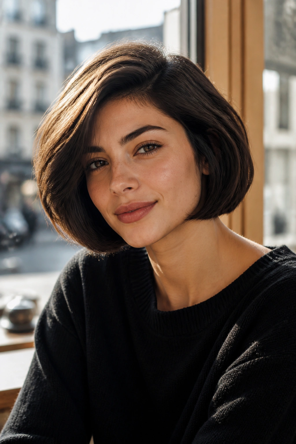 Close-up of a real woman with thick-hair French bob and controlled volume by a cafe window