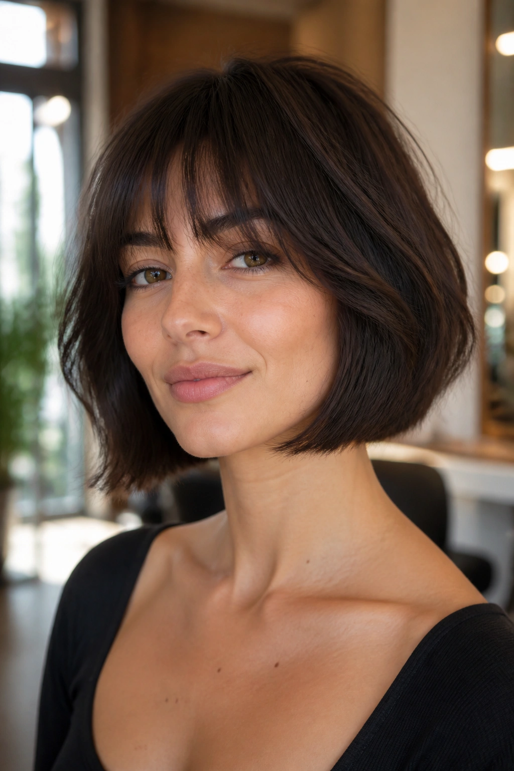 Close-up of a real woman with thick French bob and feathered bangs in warm salon light