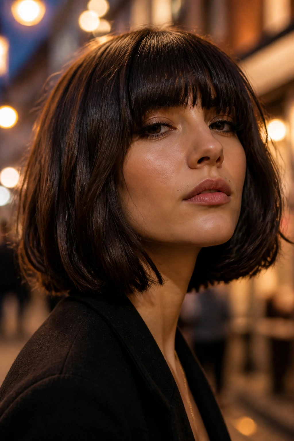 Portrait of woman with thick-hair French bob and heavy fringe in evening street lights
