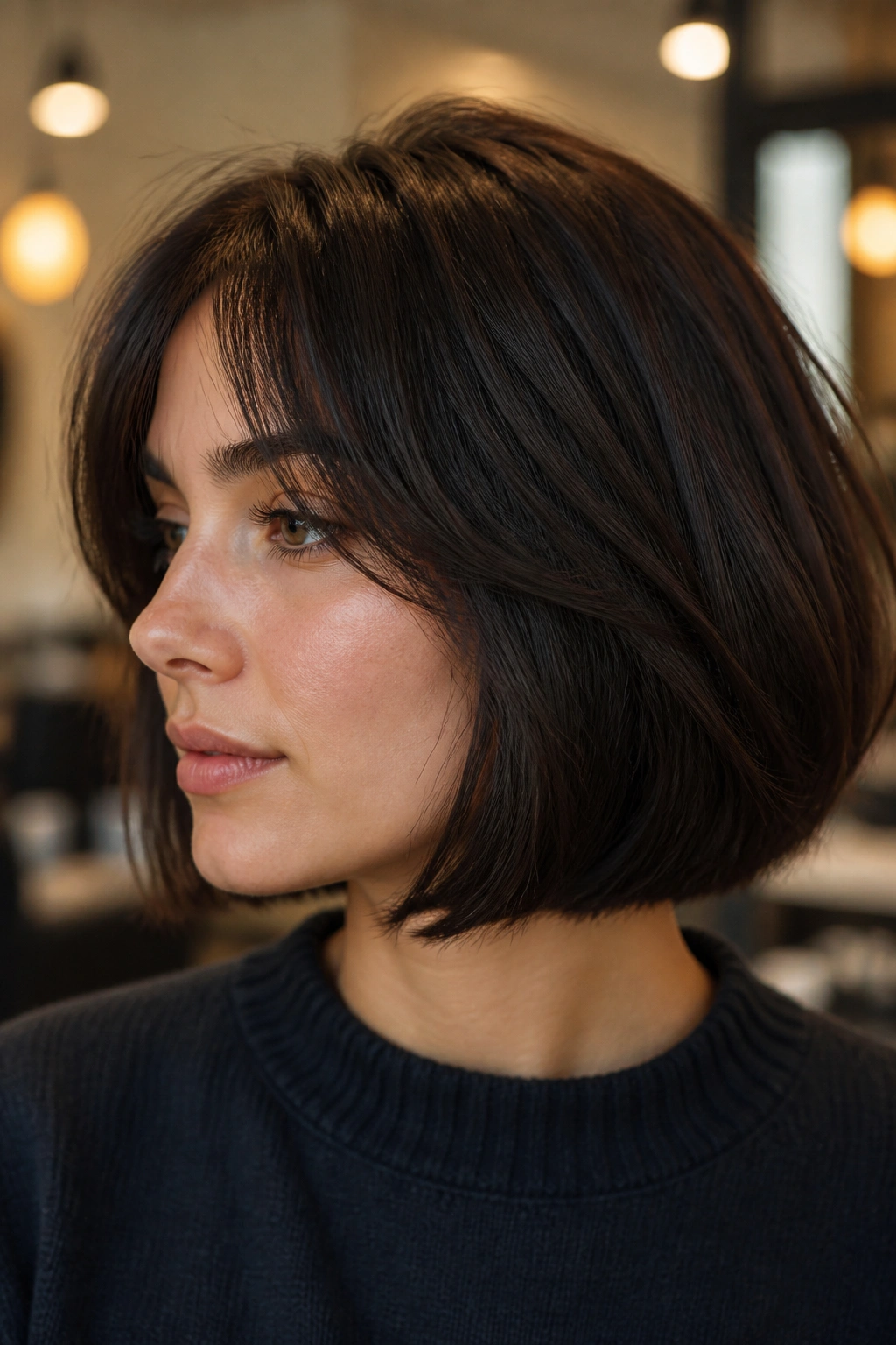 Real woman with thick hair French bob showing hidden internal layers
