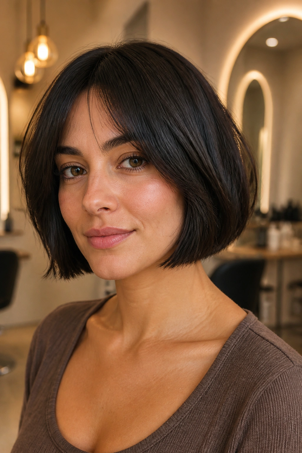 Close-up of real woman with thick French bob showing hidden internal layers