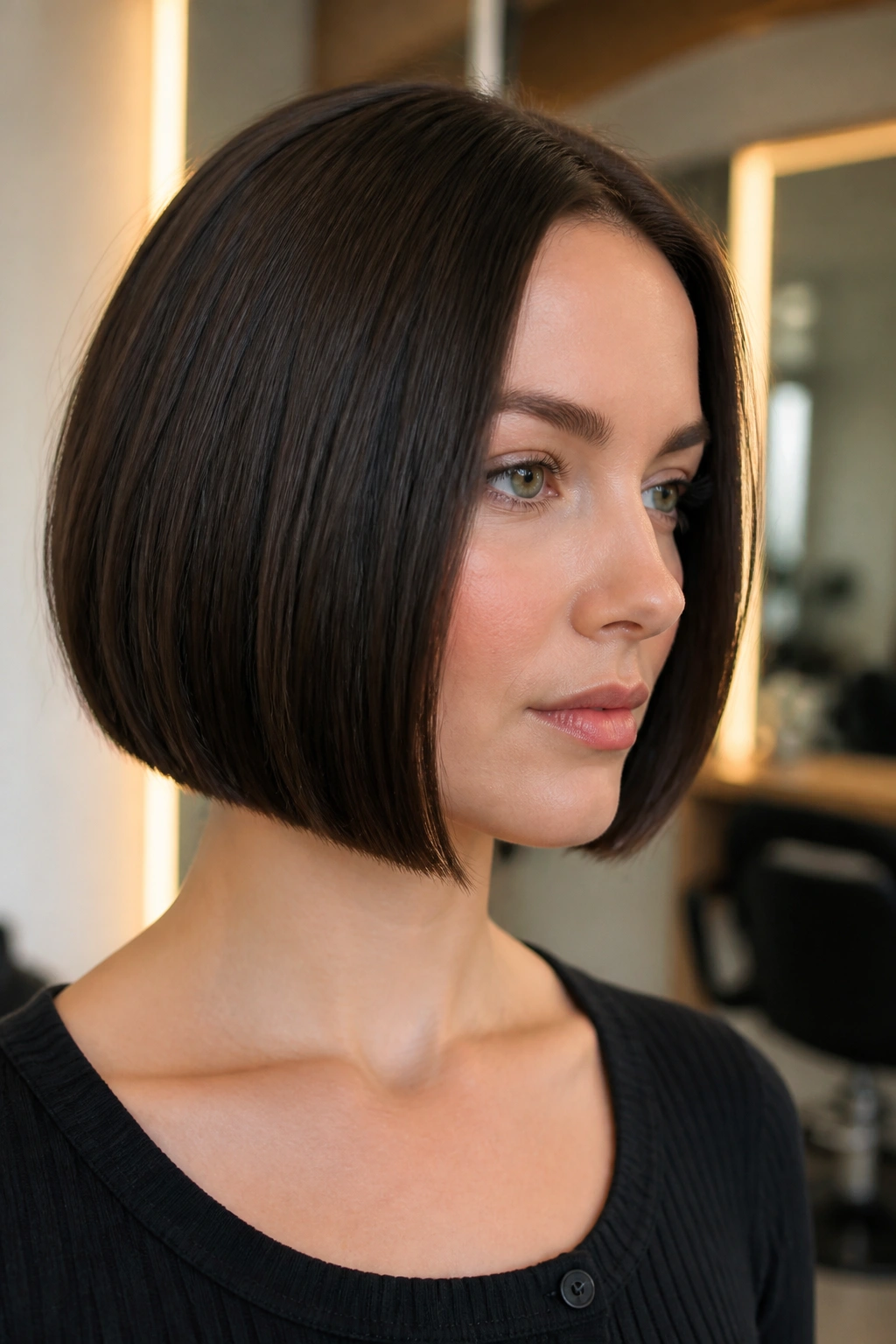 Close-up of real person with thick hair square bob showing interior weight removal