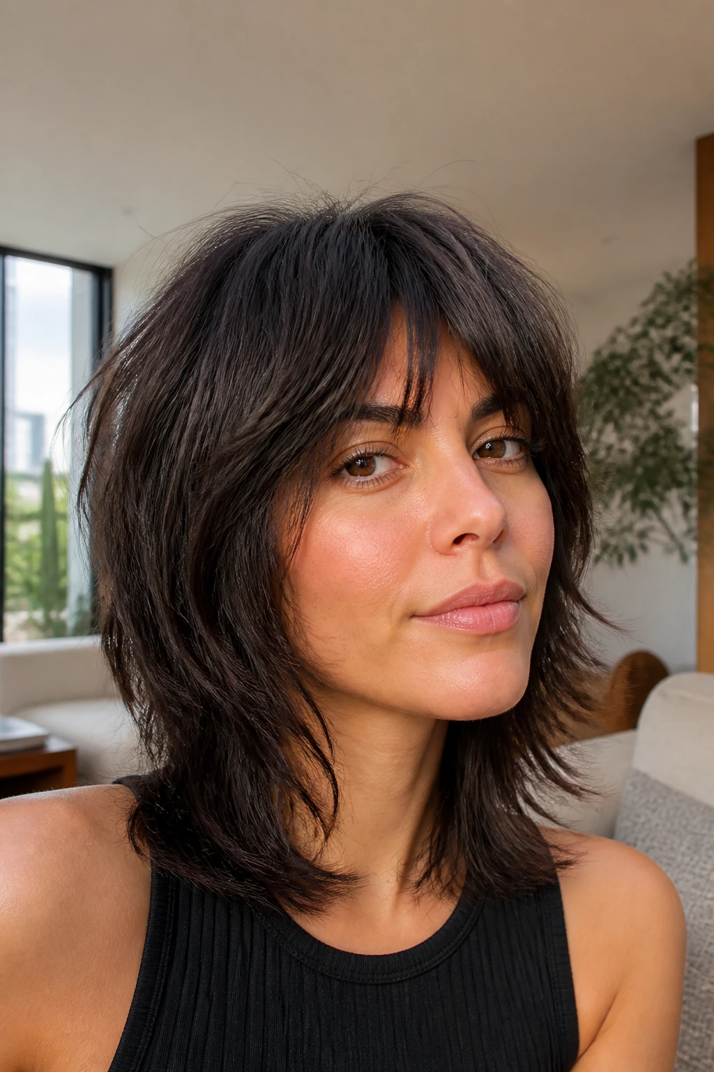 Close-up of a real woman with thick-hair shag using internal layers