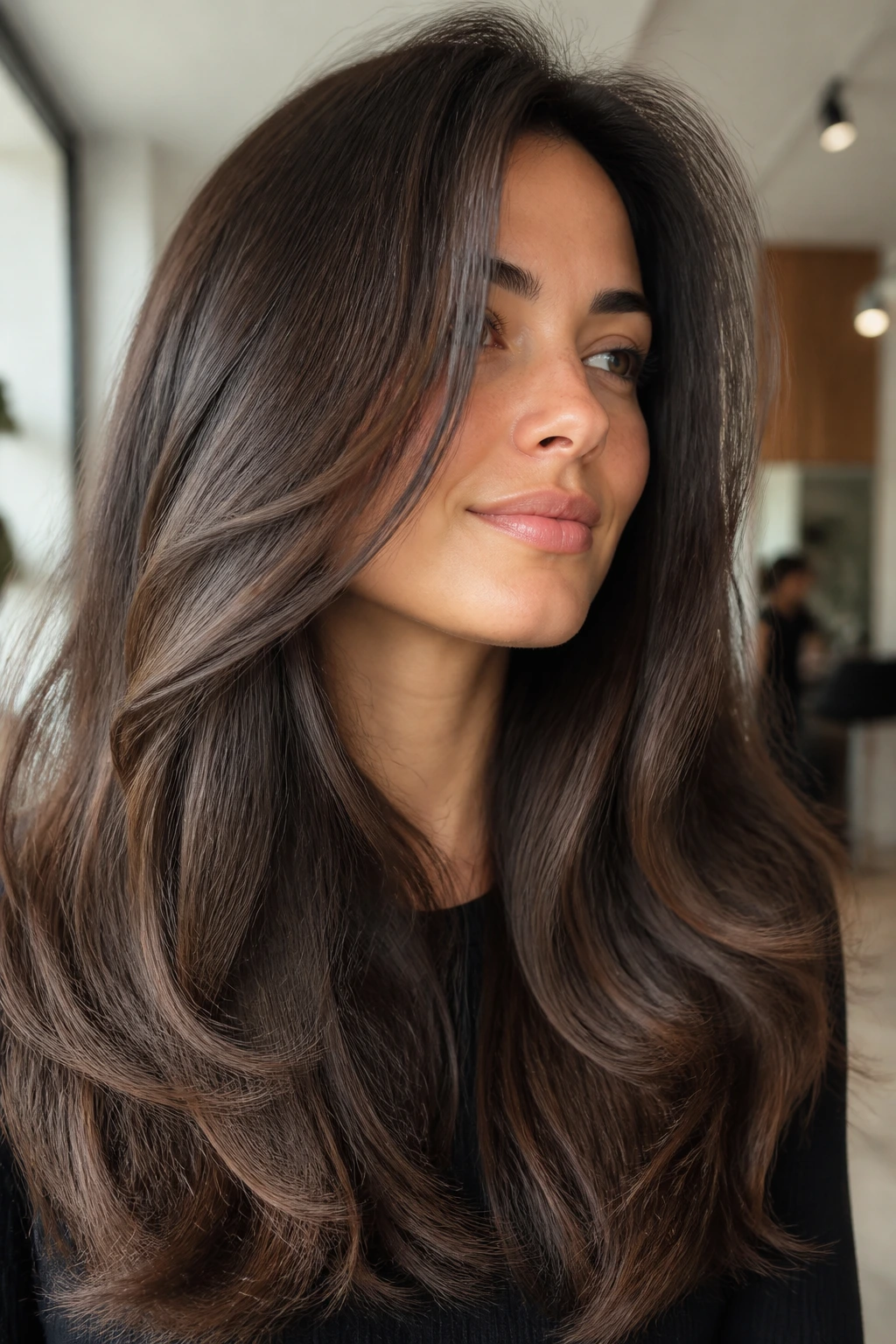 Close-up of real woman with thick hair and long internal layers