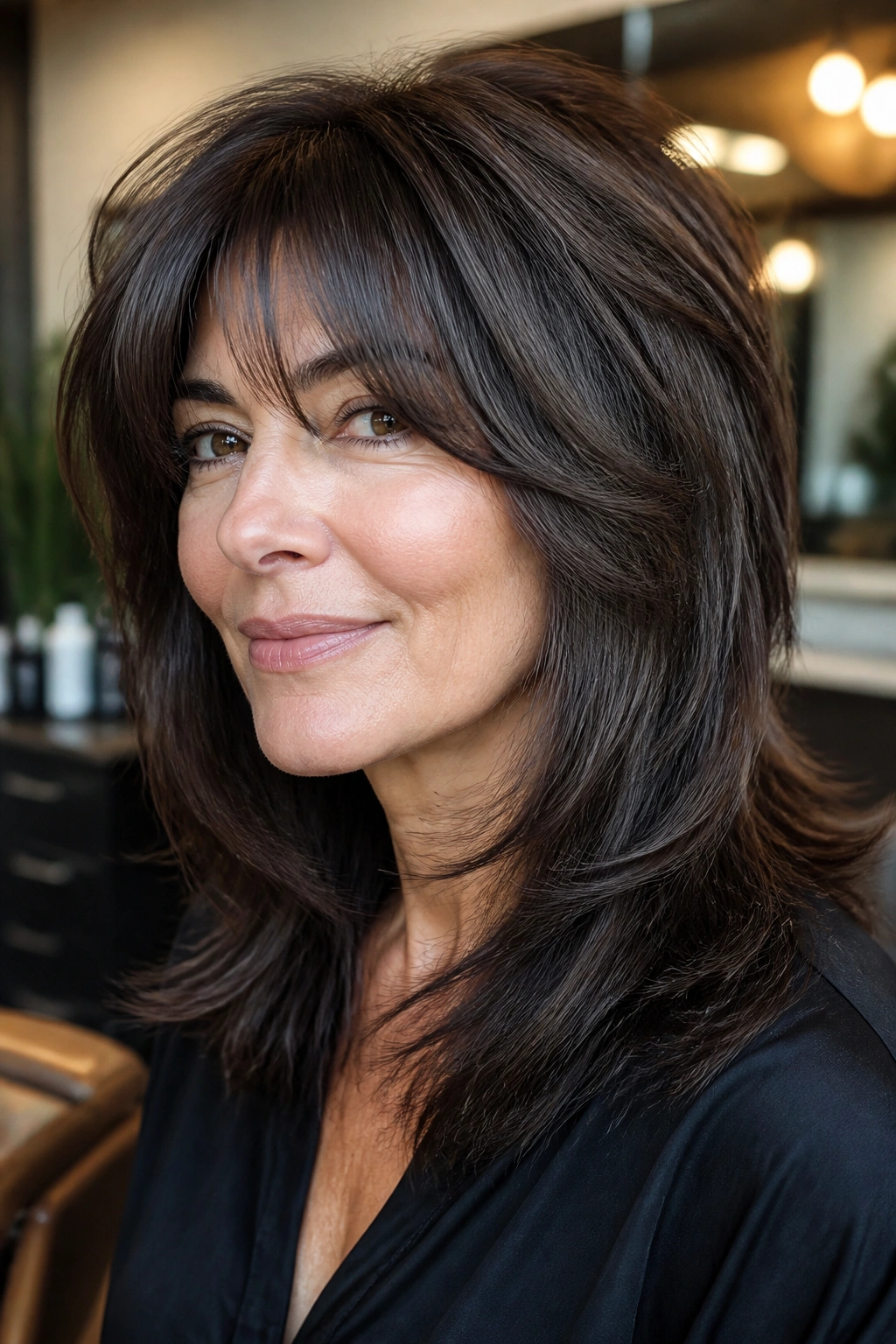 Close-up portrait of a real woman with thick shag featuring internal layers