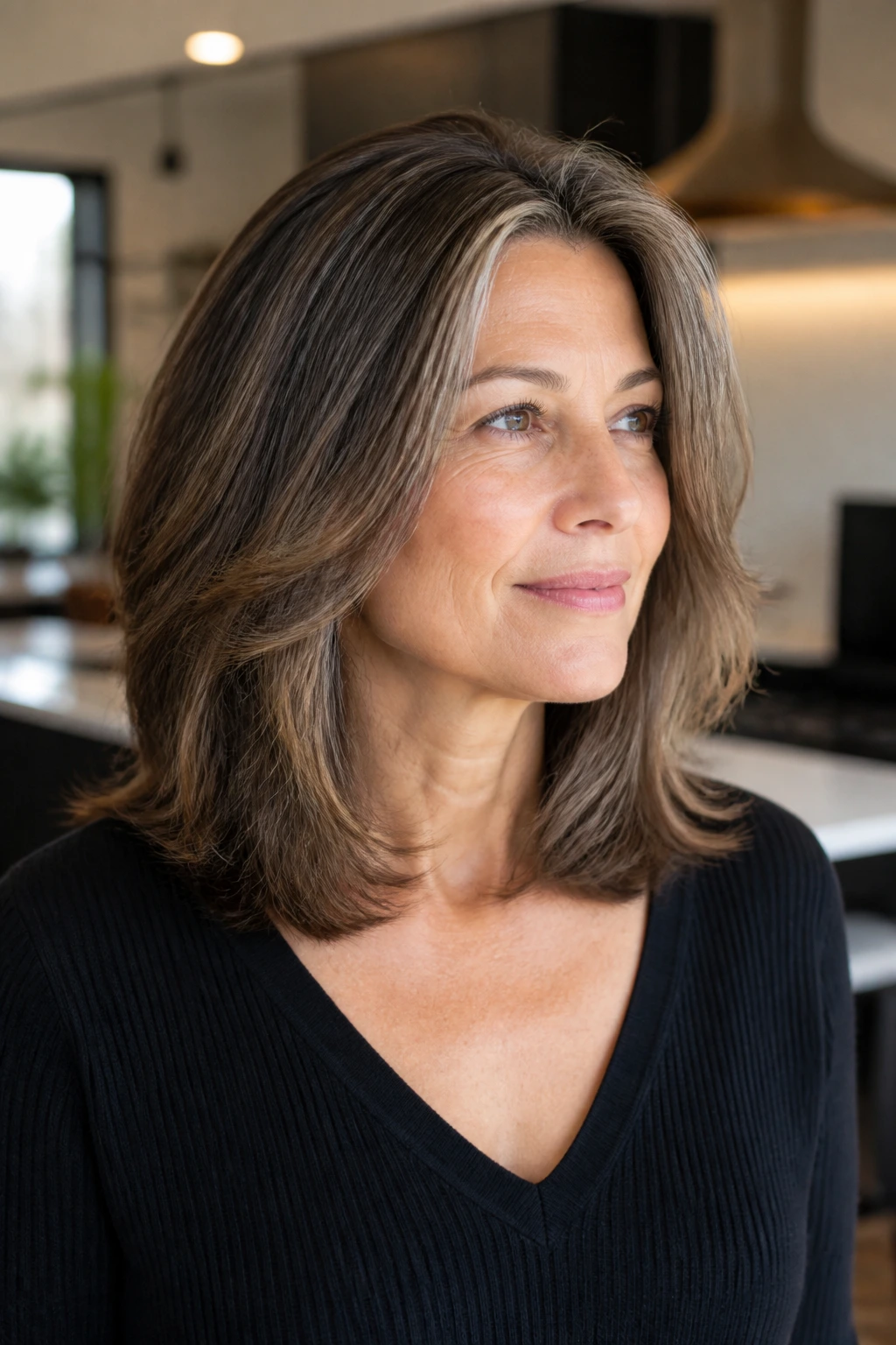 Close-up portrait of a real woman with thick hair and internal layers