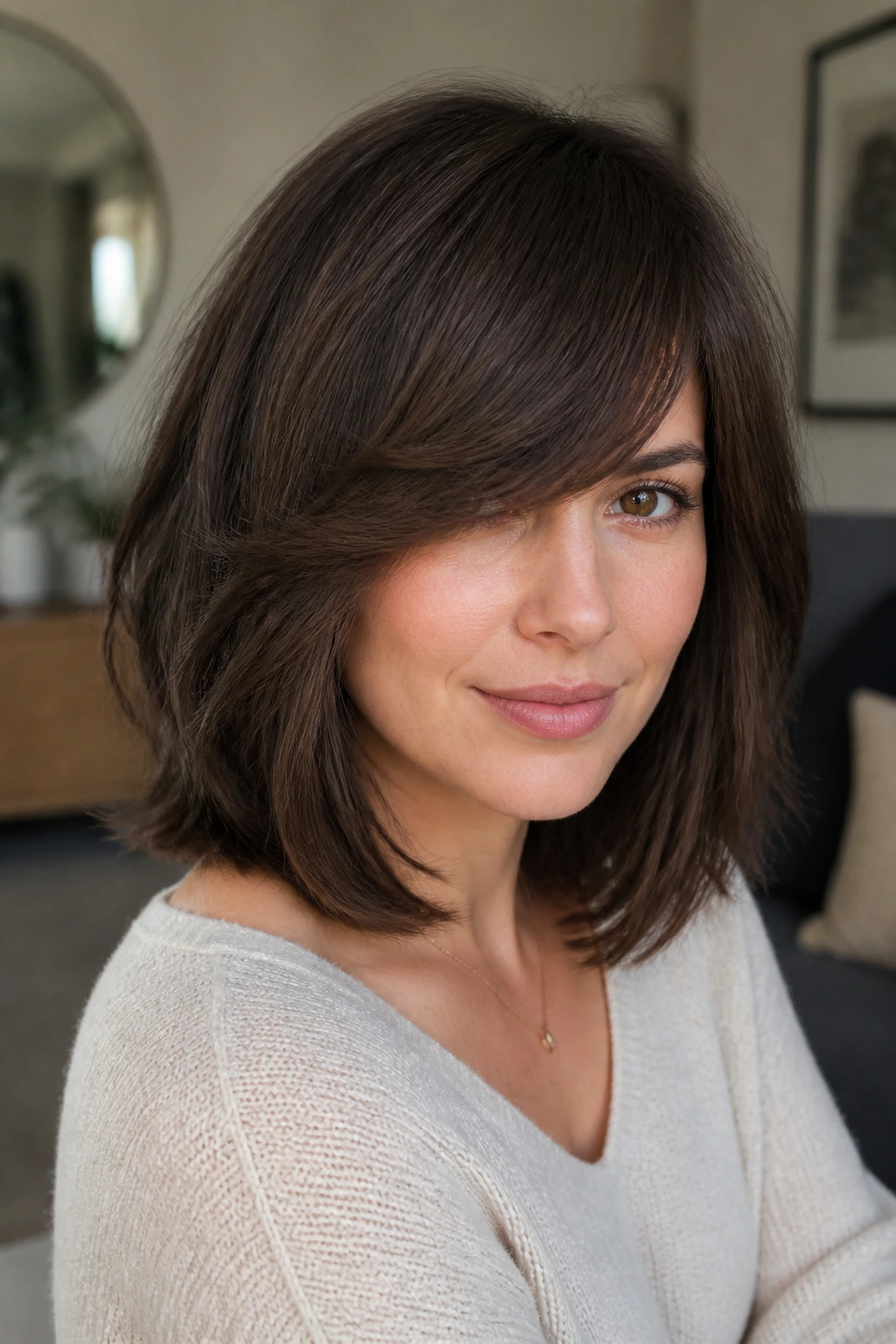 Close-up of a real woman with Thick-Hair Lob With Heavy Side Bangs
