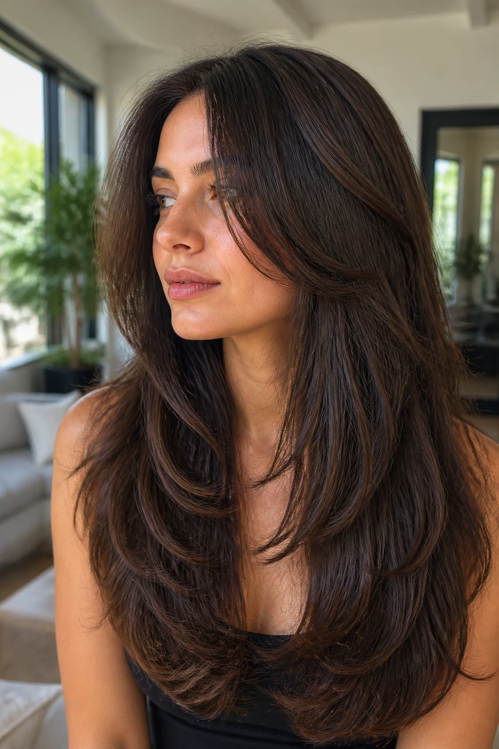 Close-up of thick hair with long layers removing bulk