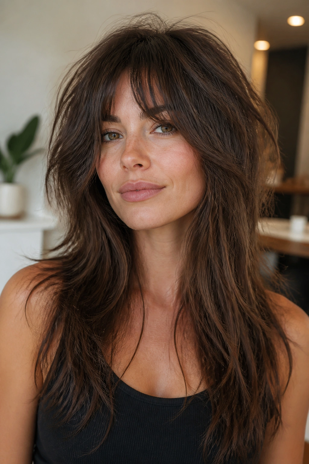 Portrait of a person with thick hair styled in a long shag with interior layers and smooth perimeter.