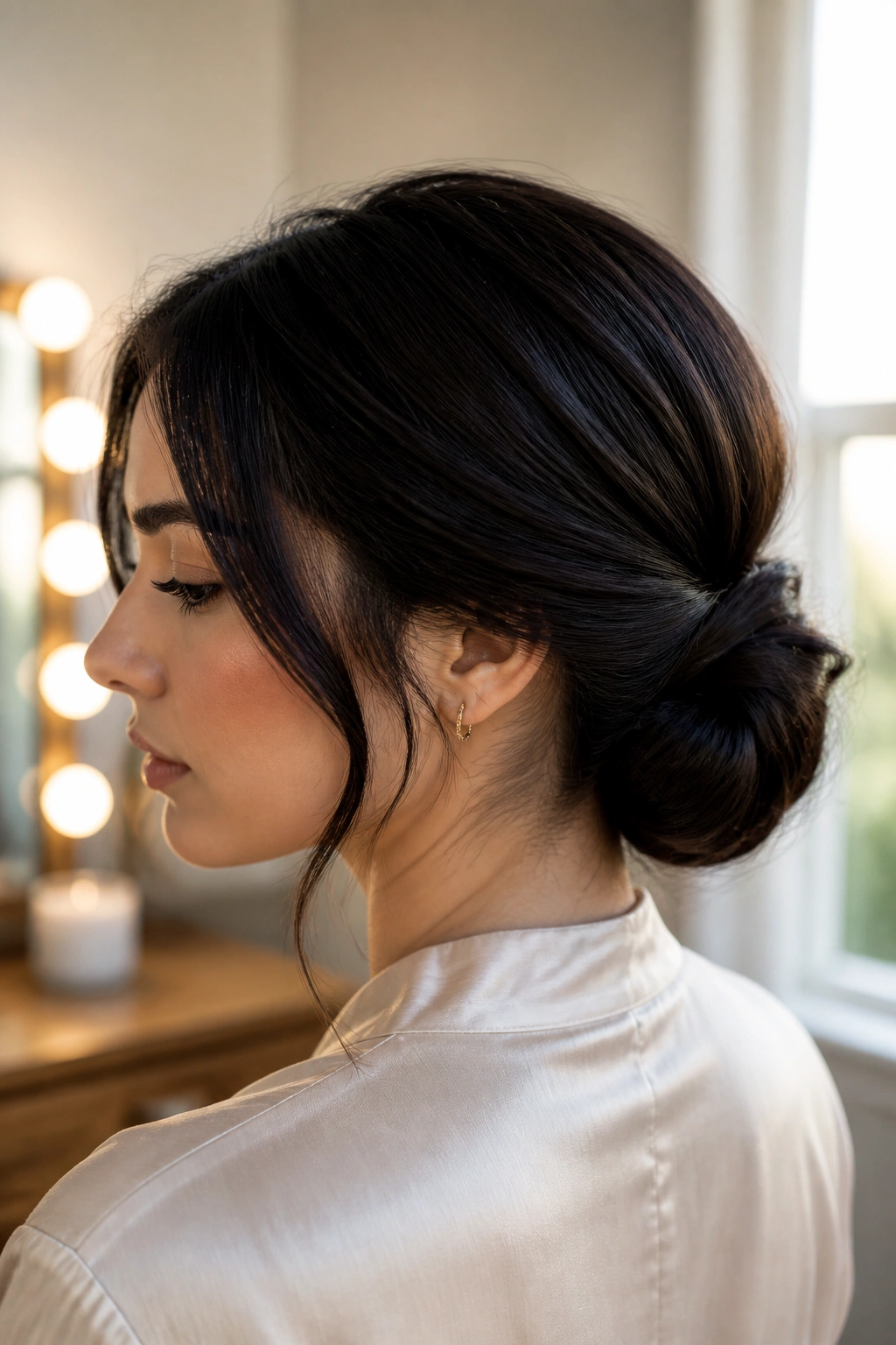 Close-up of a real woman with a thick low bun at the nape, two-section wrap with U-pins.