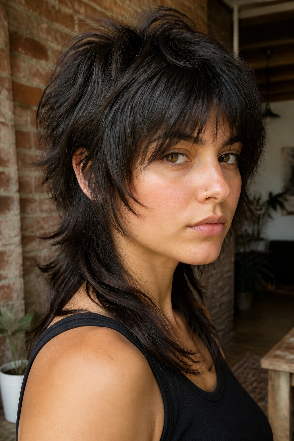 Close-up of a real woman with thick-hair mullet showing crown layers and full nape.