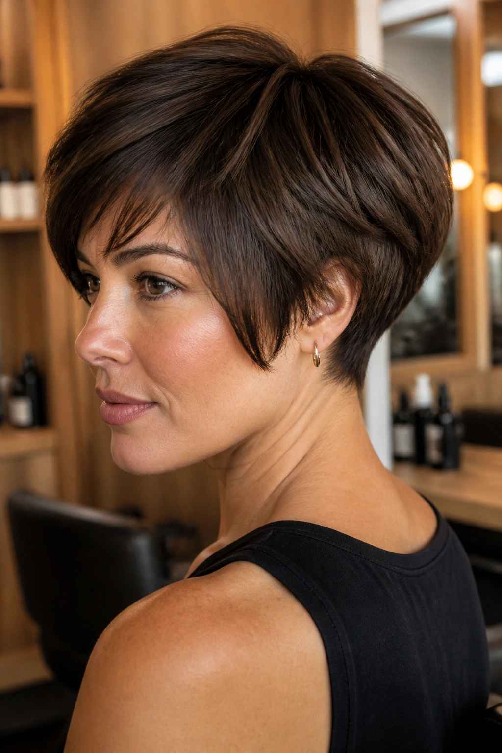 Close-up of real woman with thick pixie bob showing debulked internal layers.