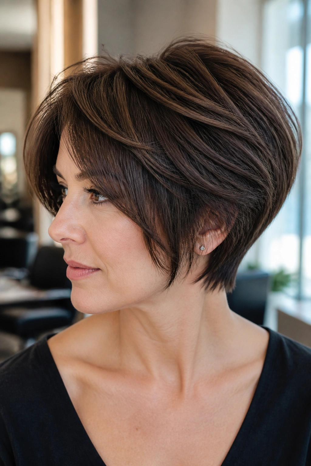 Close-up portrait of a real woman with a thick long pixie bob featuring internal layers in natural light