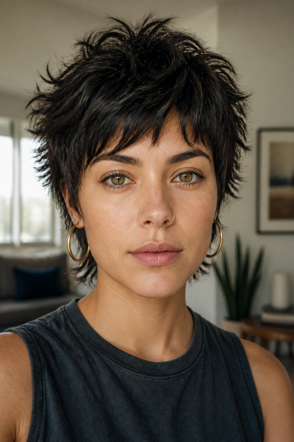 Close-up portrait with thick-hair textured pixie wolf in a living room setting