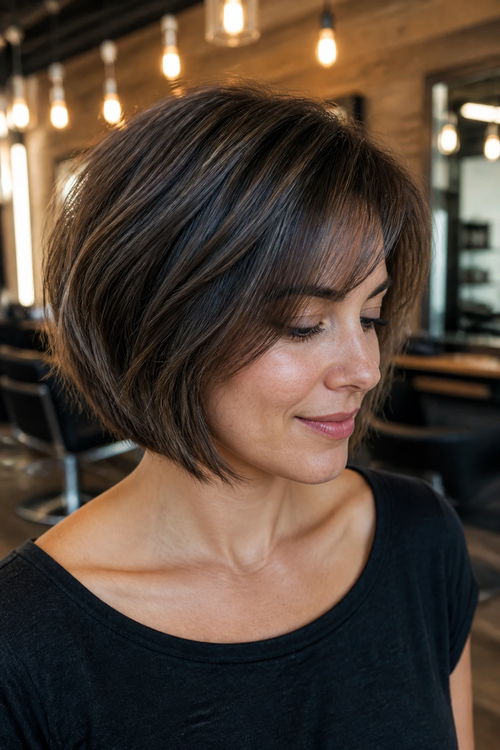 Portrait of a real woman with thick-hair razor bob showing inner weight removal in a salon.