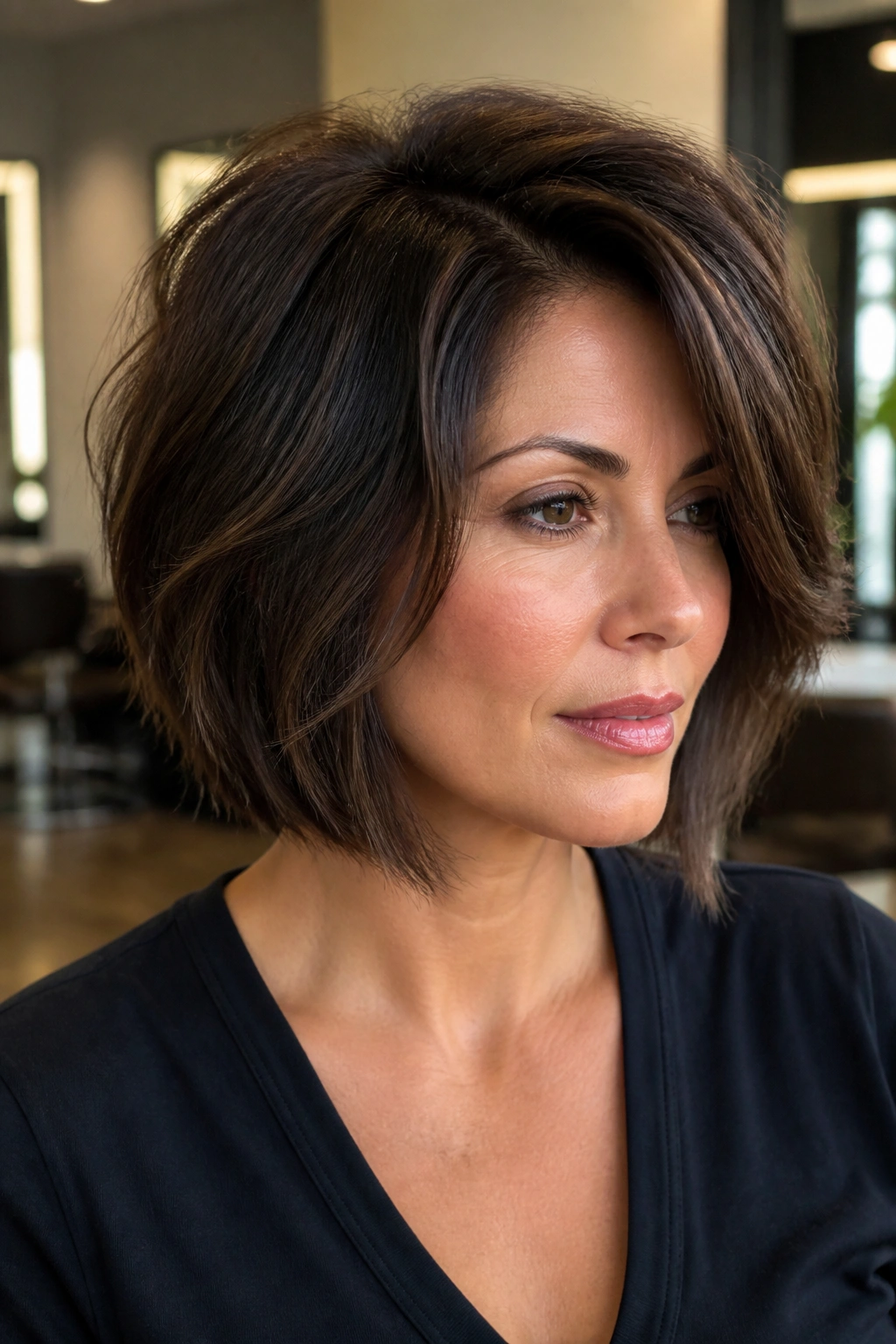 Portrait of a real woman with thick hair and razor-cut ends in a layered bob