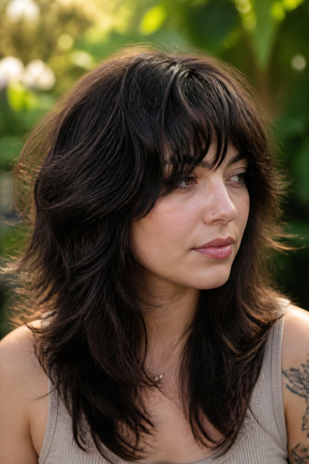 Portrait of a real woman with thick hair shag showing hidden weight removal through internal layering.