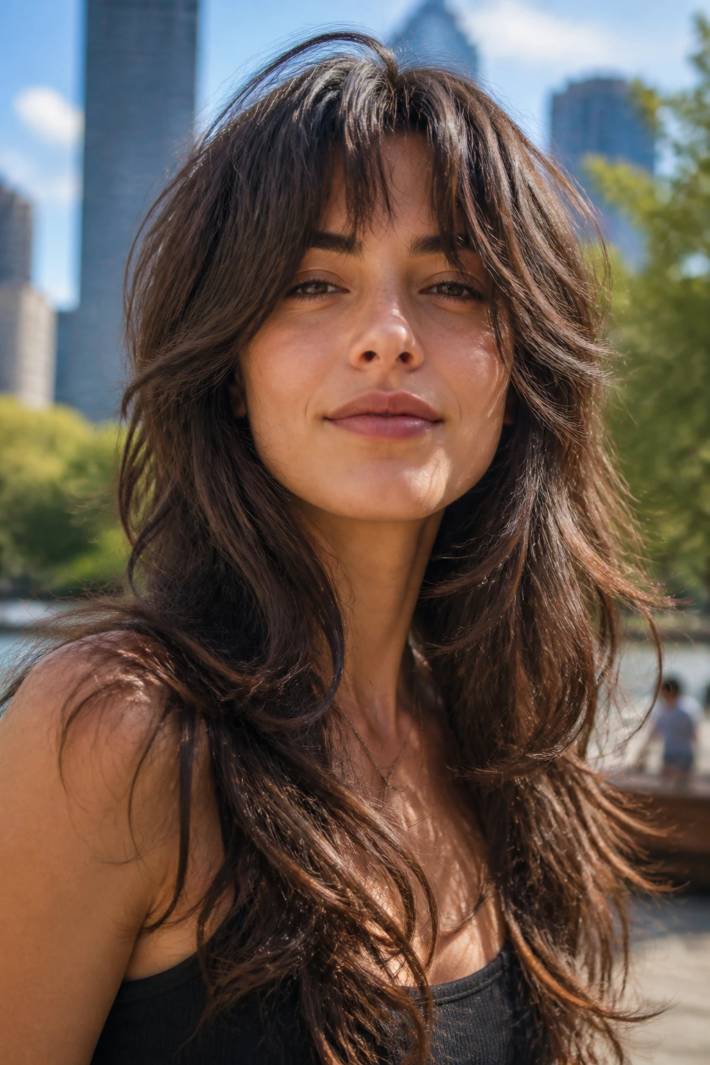 Close-up of real woman with Thick-Hair De-Bulking Shag in sunny outdoor light