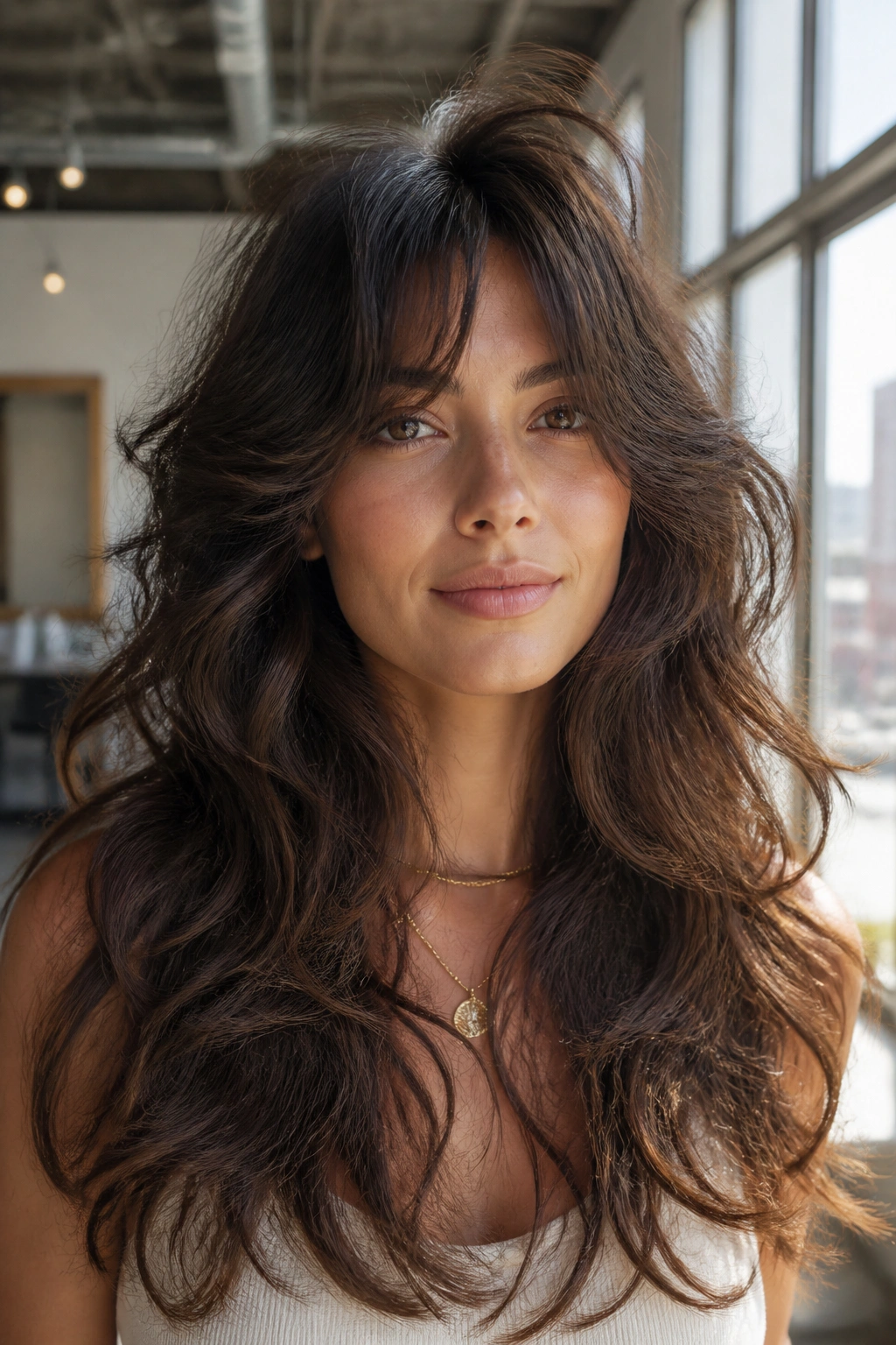 Close-up portrait of a woman with thick-hair shag lifting at the crown in a loft