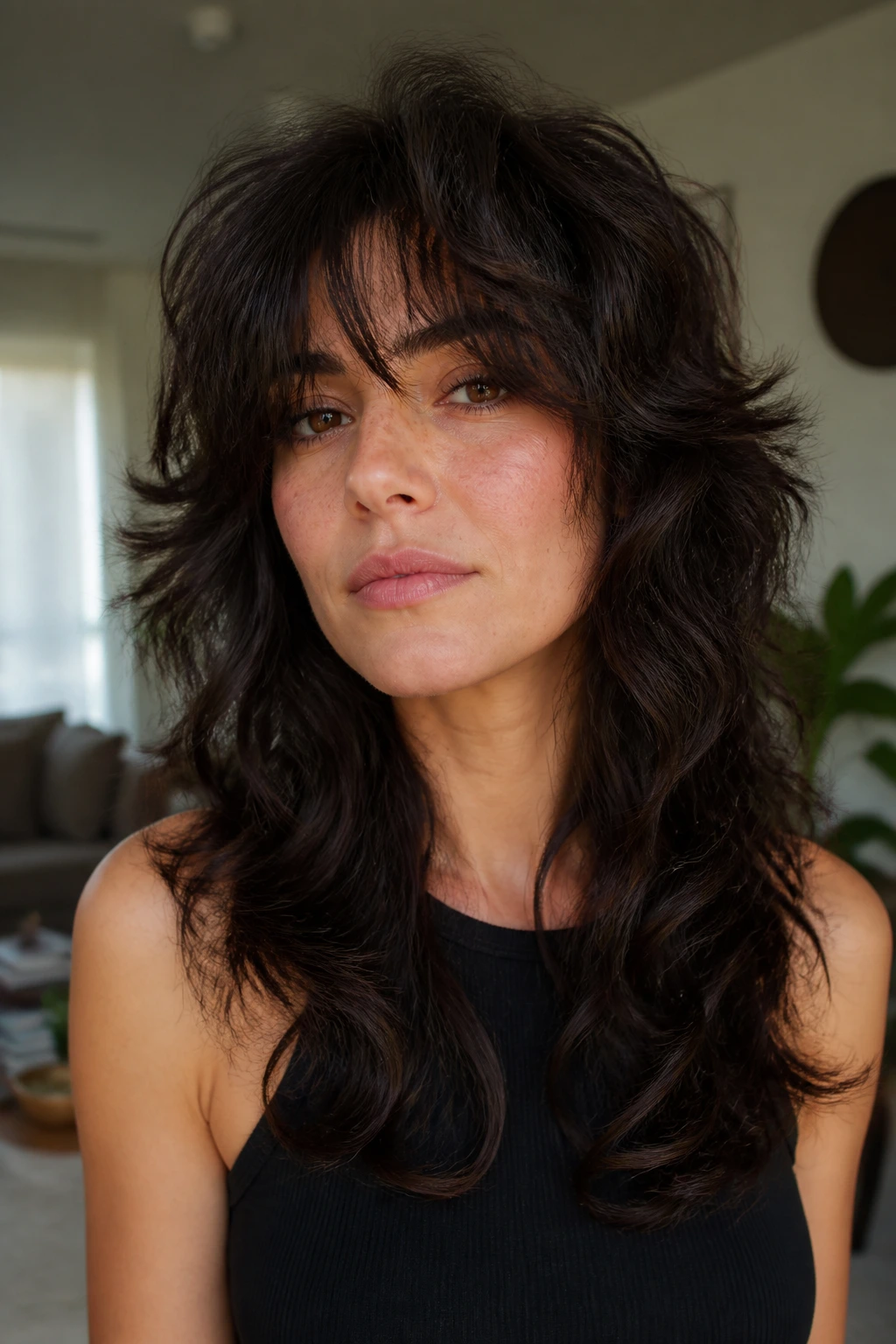 Close-up of real woman with thick-hair shag in cozy living room light