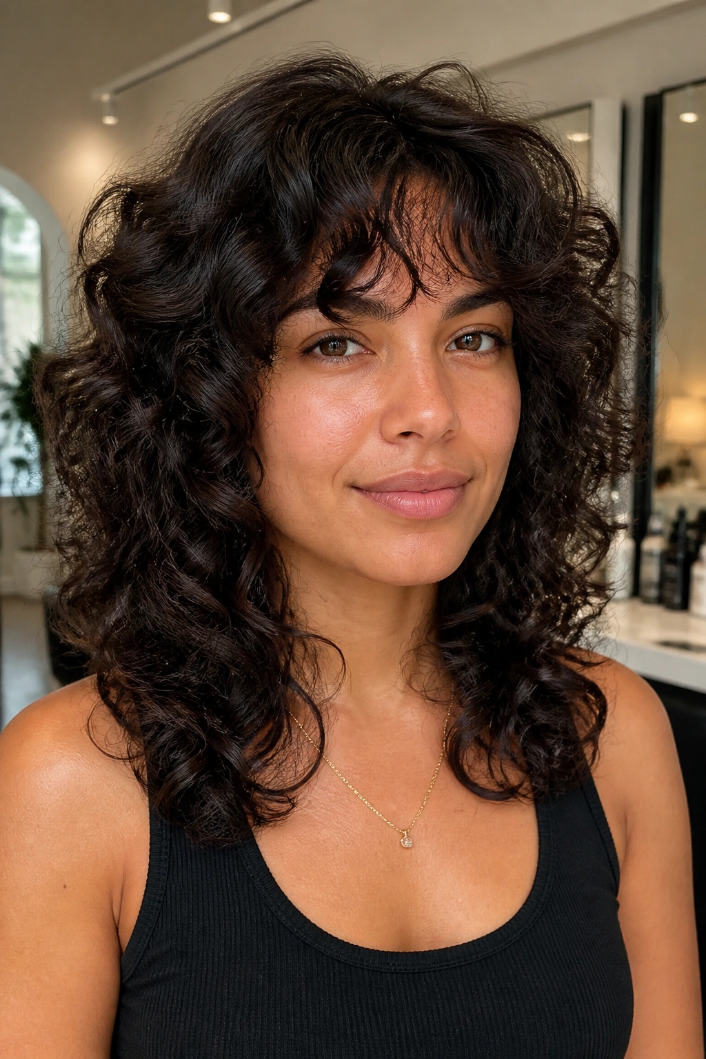 Close-up of a real woman with interior-debulked thick curls for a shag