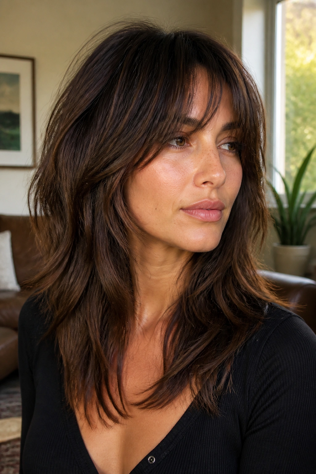 Close-up of a real woman with thick-hair shag featuring interior weight removal and long bangs